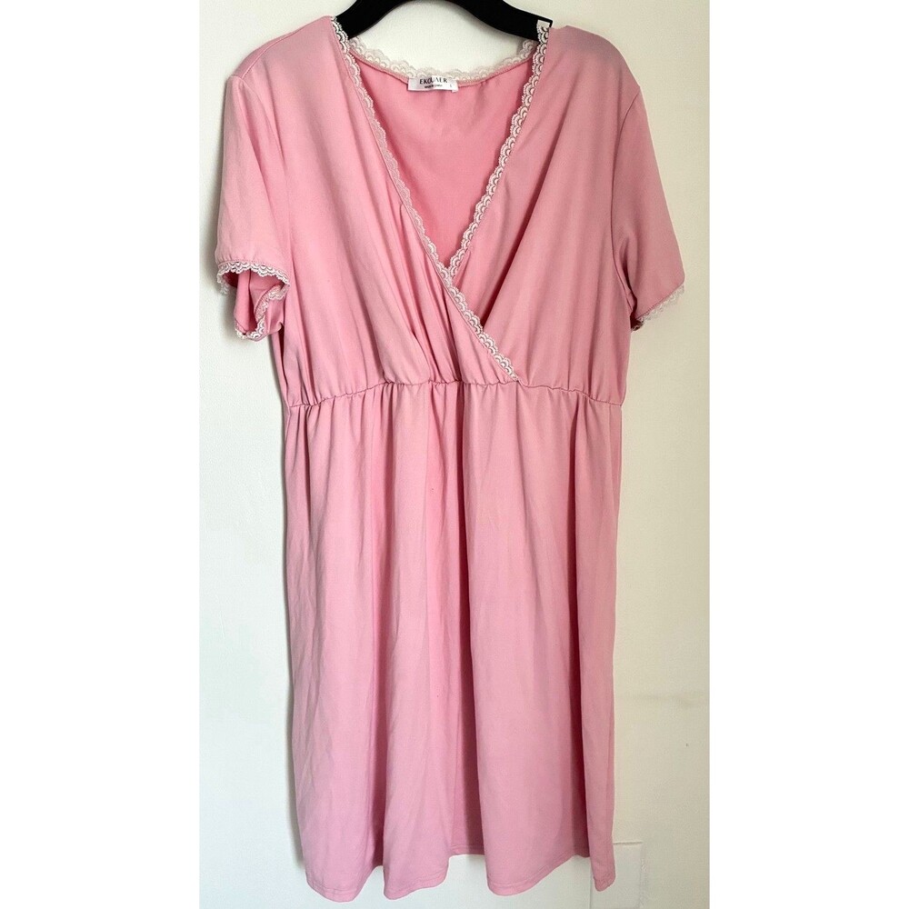 Ekouaer Pink Lace Trim Short Sleeve Nightgown Sleep Dress Size Large